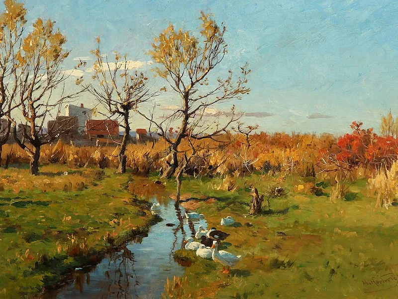1853-Herman Hartwich - Giornata primaverile in campagna con anatre vicino al ruscello e una fattoria sullo sfondo